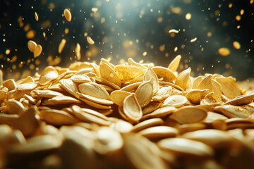 Pile of sunflower seeds under bright light.