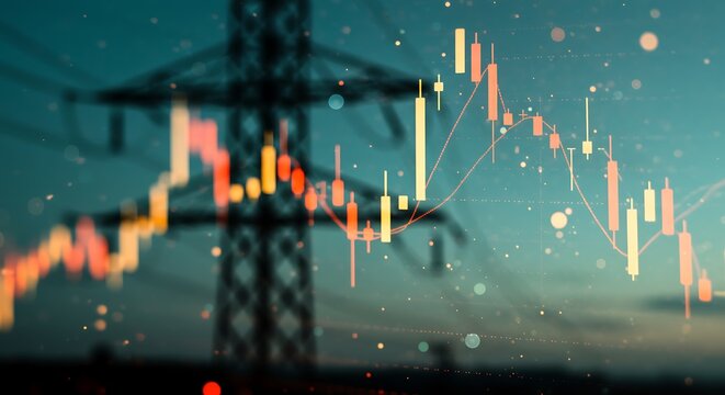 Fluctuating energy market depicted with overlaid stock chart and pylon - Powered by Adobe