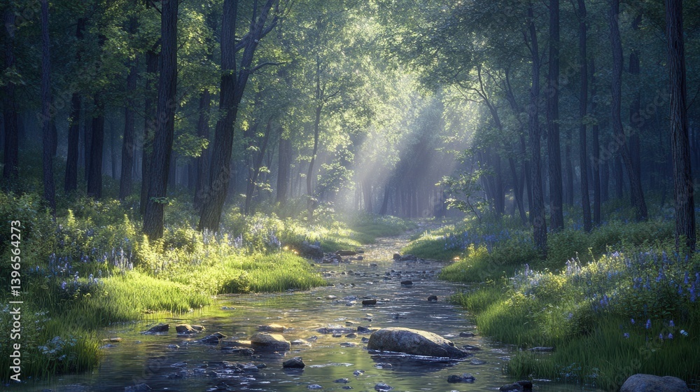 Poster a serene forest scene with sunlight filtering through trees, illuminating a tranquil stream surround