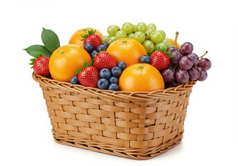 A basket filled with oranges, strawberries, blueberries and green and purple grapes on white background