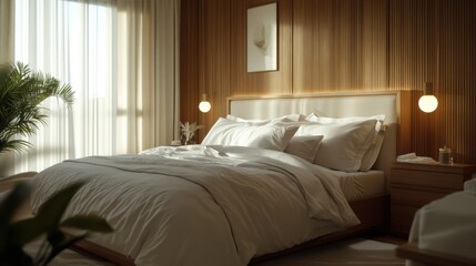 Fototapeta premium A cozy, modern bedroom featuring warm wood tones, soft bedding, and ambient lighting, perfect for relaxation and comfort.