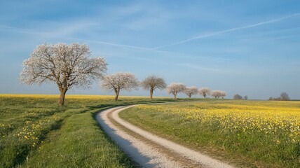 Fototapeta premium Curving Road Through Yellow Wildflower Field and Blossoming White Trees