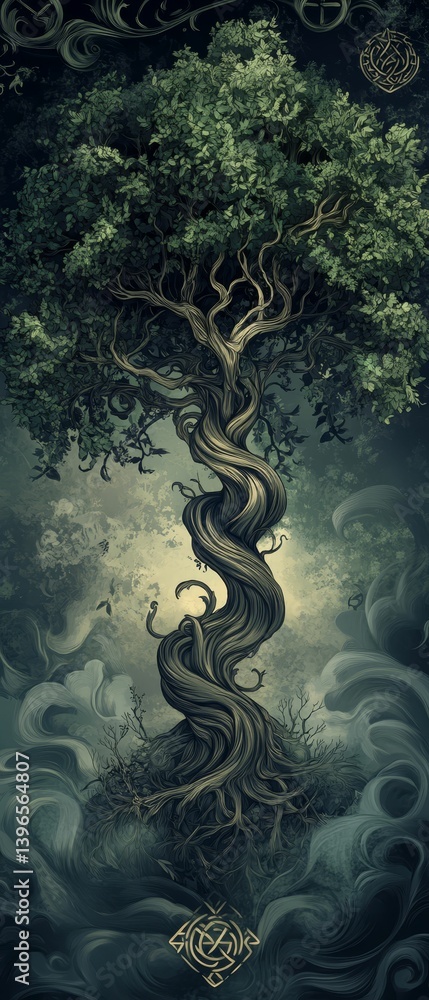 Poster abstract art depicting a figure embracing a tree in a dark ethereal setting.