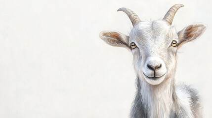 A clean and minimal watercolor painting of a playful goat with light gray and beige tones, subtle horns, and expressive eyes, on a crisp white background
