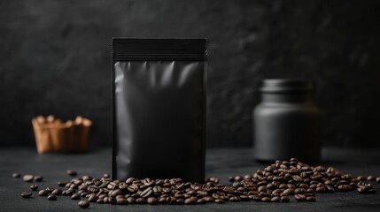 Dark, sleek coffee packaging stands with scattered beans, evoking a rich, aromatic experience....