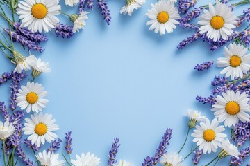 Fototapeta premium Top view of colorful spring flowers arranged around the edges of a pastel blue background with empty space in the center. Perfect for seasonal promotions, greeting cards, or floral-themed designs.