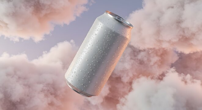 Floating Refreshing Drink Can with Condensation Against Pastel Cloudscape