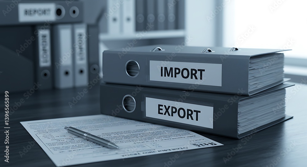 Poster import and export documentation stacked on a desk in a modern office