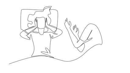 Animation of single continuous line drawing the wife covered both her ears with both her hands. Cannot sleep. Tired. Sleepy. Stop Snoring Week. One line self drawing animated. Full length motion