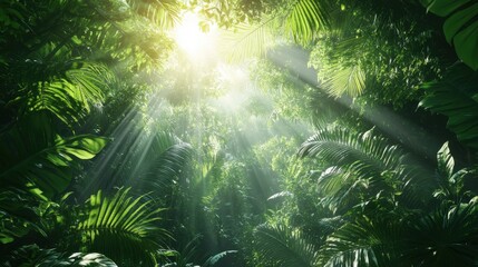 Obraz premium A vibrant, sunlit jungle scene, showcasing dense foliage and beams of light filtering through lush green leaves.
