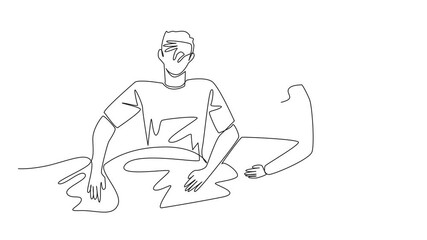 Self drawing animation of continuous one line drawing wife covers nose of husband with hand. Wake up rudely. Disruption from husband every night. Loud snoring. Stop Snoring Week. Full length animated