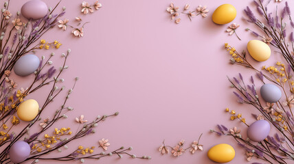 Rows of decorated Easter egg cookies with floral and geometric designs in pastel colors of mint, lavender, cream, and peach on blue purple gradient background