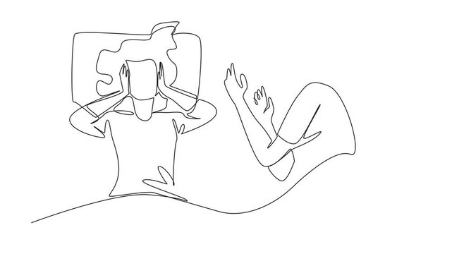 Animation of single continuous line drawing the wife covered both her ears with both her hands. Cannot sleep. Tired. Sleepy. Stop Snoring Week. One line self drawing animated. Full length motion - Powered by Adobe