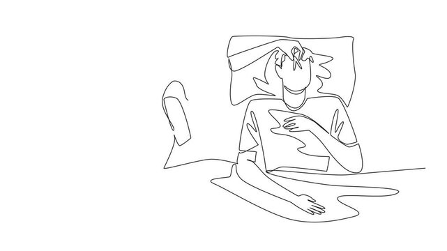 Animated self drawing of continuous line drawing wife covers nose of husband with clothespin. Sleep disorders can come from anywhere. Struggling. Stop Snoring Week. Full length single line animation