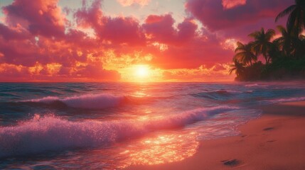 A vibrant sunset over the ocean, with colorful clouds reflecting on the water and palm trees lining the sandy beach.