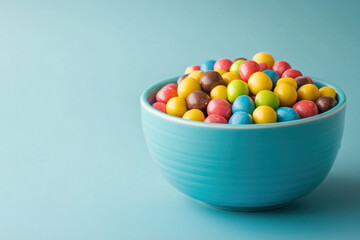 Bowl of colorful candies against a blue backdrop.