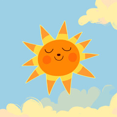 Smiling Sun Character Amidst Soft Clouds on Light Blue Background