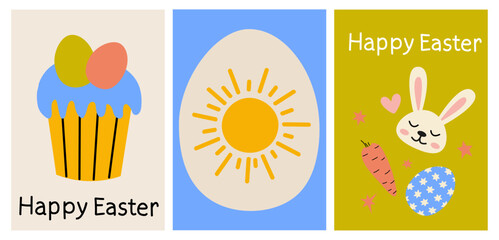 Bright and cheerful Easter decorations featuring cupcakes, eggs, and bunnies on colorful backgrounds