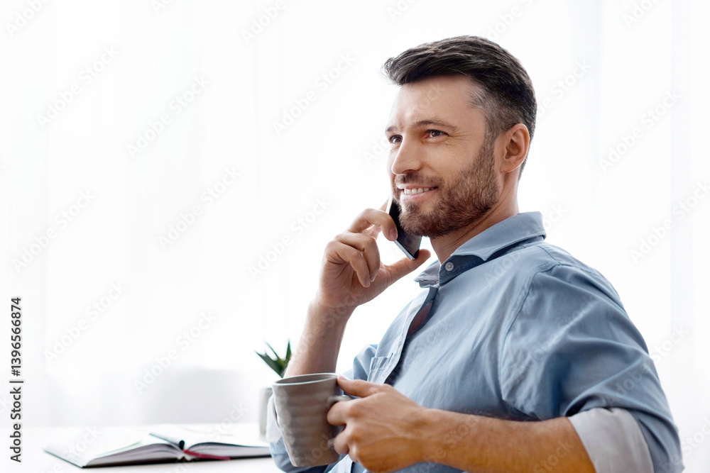 Poster handsome freelancer man talking on cellphone and drinking coffee at home, millennial guy sitting at 