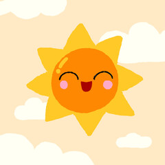 Smiling Sun Character with Rosy Cheeks and Clouds.
