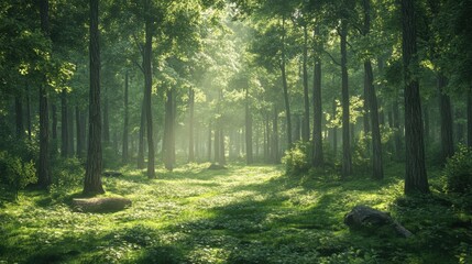 Obraz premium A serene forest scene with sunlight filtering through trees, illuminating the lush green undergrowth and creating a peaceful atmosphere.