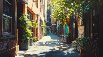Fototapeta premium Narrow street with buildings and trees casting shadows on the cobblestone road.