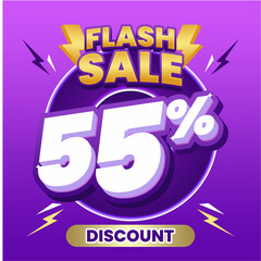 Flash Sale 55% Discount Banner with Lightning Icons and Bold Typography on Purple Background