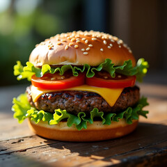 a juicy beef burger with lettuce, tomato, cheese, and sesame seed bun on a rustic wooden table, natural lighting, uitra-realistic, 4k, food photography