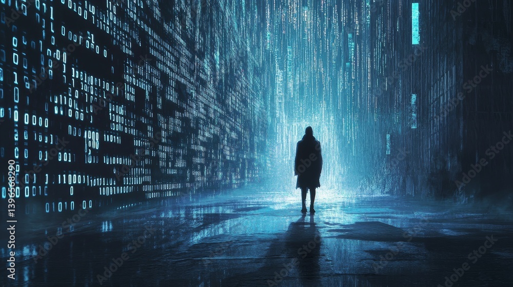 Aufkleber person stands in illuminated alleyway with rain and abstract digital patterns.