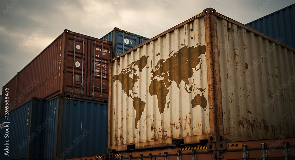 Poster global commerce: stacks of shipping containers with world map design
