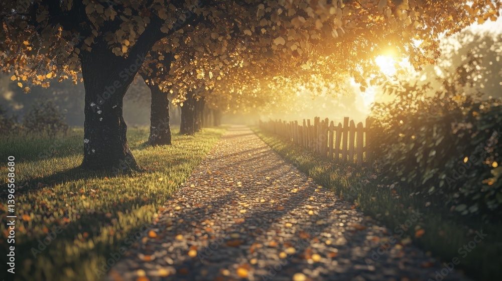 Poster a serene path lined with trees, bathed in golden sunlight, creating a peaceful and inviting atmosphe