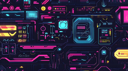 Futuristic circuit board interface with vibrant neon colors.