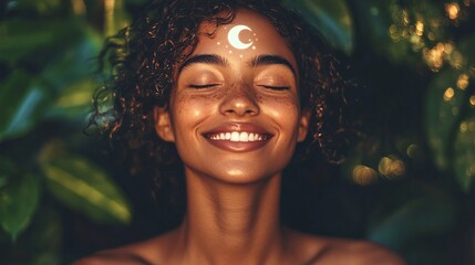 Portrait of beautiful woman with moon on forehead smiling in nature spiritual wellness and beauty concept