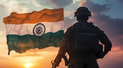 Image of Kargi Vijay Diwas known As Kargil Victory Day for proud Indian Army , With An Indian Armed Person