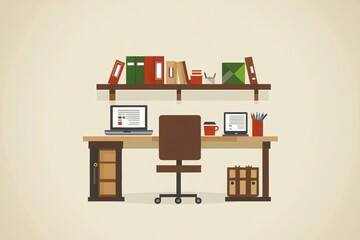 Fototapeta premium A minimalistic illustration of a workspace featuring a desk, computer, books, and stationery, emphasizing organization and productivity.