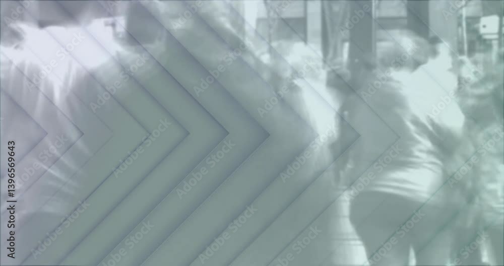 Poster walking in urban area, people with transparent arrow patterns and animation overlay