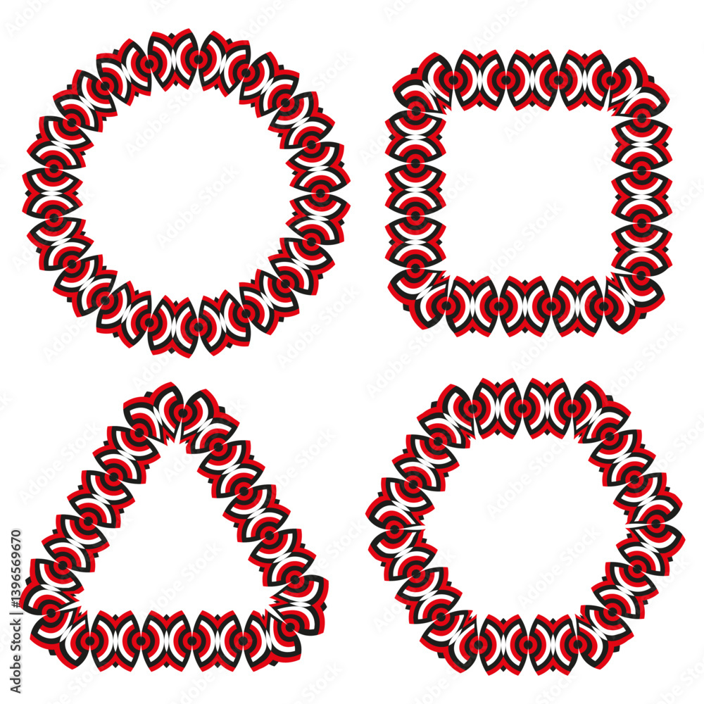 Poster geometric ornament forms. circle square triangle. red black repetition. vector symmetric elements.