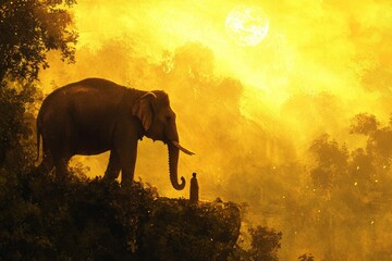 Naklejka premium Elephant silhouette stands on a hill with trees against a bright yellow sky.