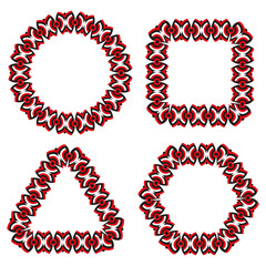 Geometric ornament forms. Circle square triangle. Red black repetition. Vector symmetric elements.