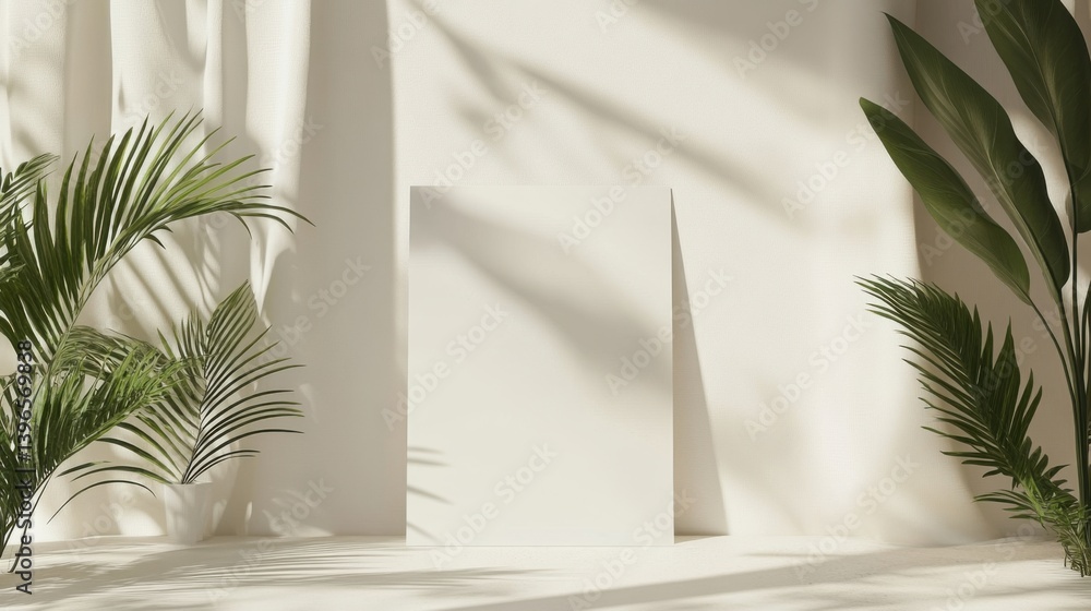 Aufkleber a serene indoor setting featuring a blank canvas surrounded by lush greenery and soft shadows.