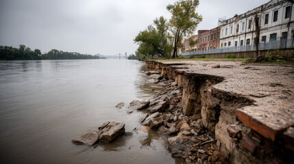 Obraz premium Eroded riverbank with damaged buildings after severe flooding