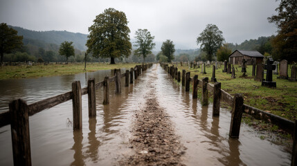 Naklejka premium flooded cemetery path with tombstones and trees in background
