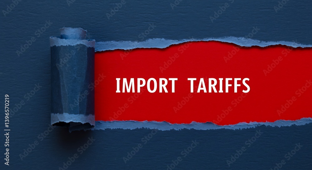 Poster unveiling import tariffs concept symbolized by torn paper on a vibrant background