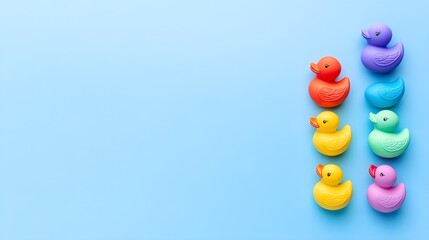 Naklejka premium Playful Arrangement of Colorful Rubber Ducks on Blue Background