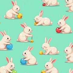 Cute bunny playing with toys in a seamless pattern, childhood, whimsical, playtime