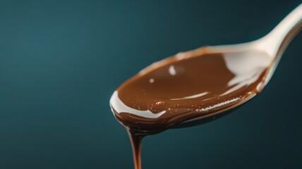 Obraz premium Dark Brown Chocolate Sauce Dripping from Spoon Against Teal Background