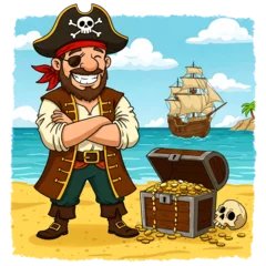 A cheerful pirate funny cartoon character treasure Illustration stands triumphantly sandy beach, grinning widely, overflowing chest of gold coins. Artwork pirate ship background, skull adventure scene