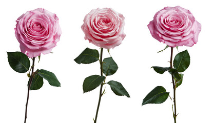 three pink roses on white background