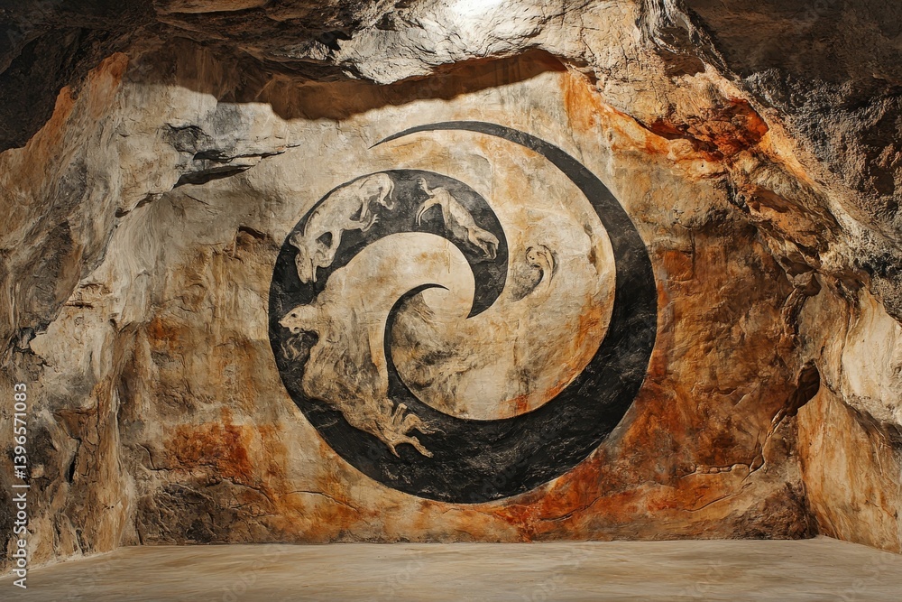 Poster abstract circular design carved into a rock wall with rough texture.