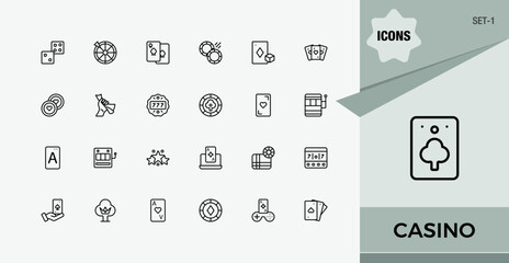 Casino icon set. Includes thin line symbols bet, jackpot, gamble, poker, card and more. Minimalist linear icons. Gambling simple icon. Set-1